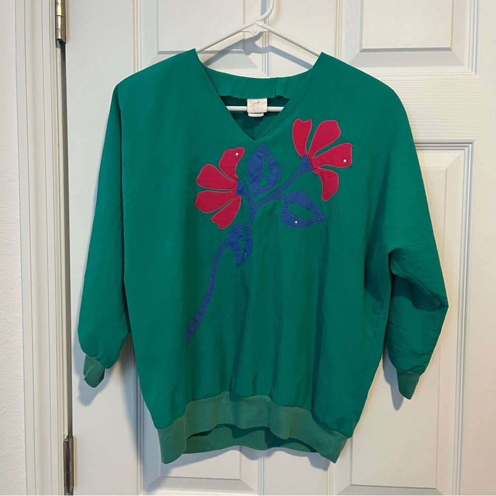 VNTG 1980s Womens Teal Blouse Flowers Turquoise Blue Pink Bedazzled Gems Floral